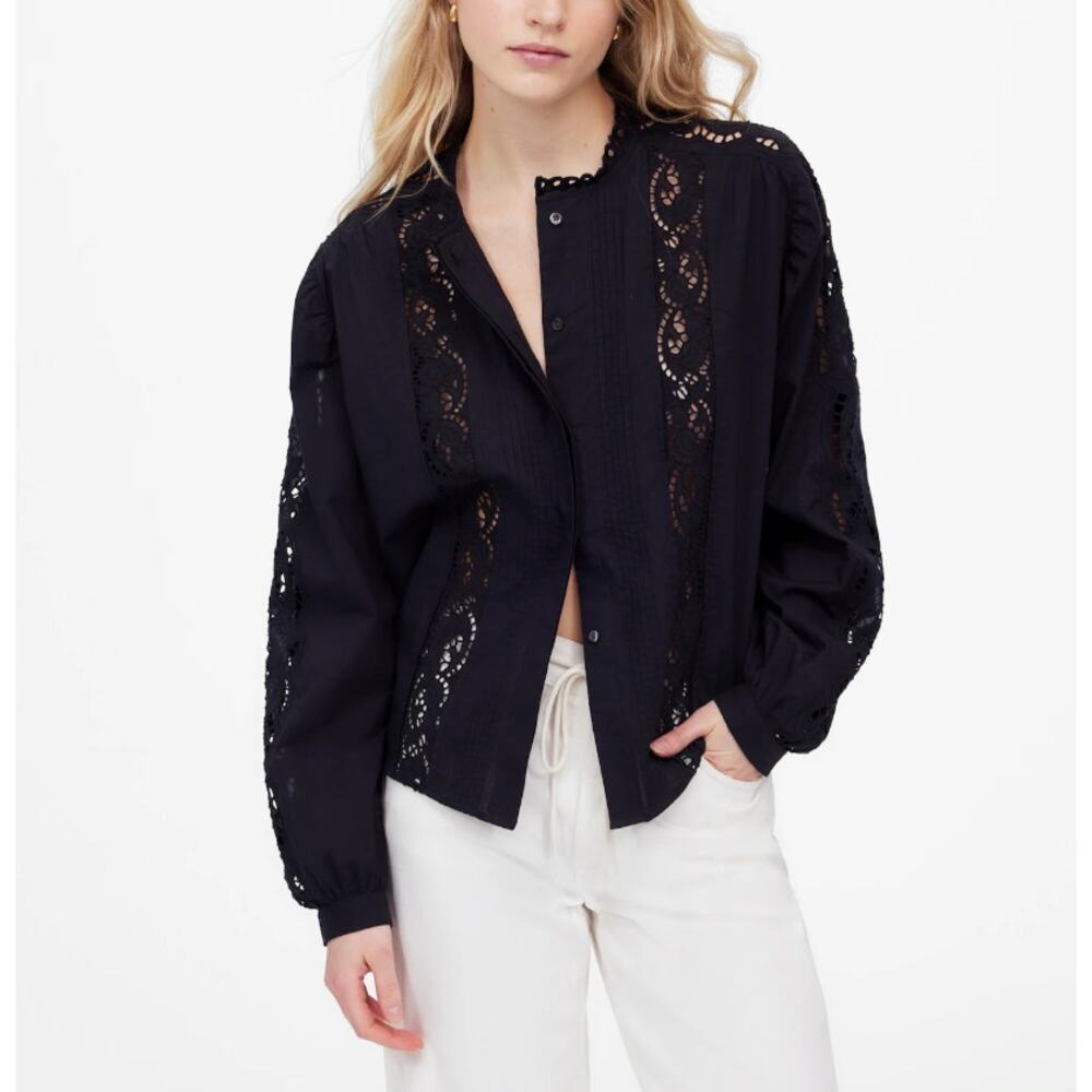 Madewell Lace-Inset Pintucked Button-Up Top Womens M Black Long Sleeve Eyelet